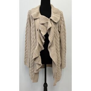 Soma Intimates Cardigan Sweater Womens Medium Beige Cable Knit Ruffle Button Up